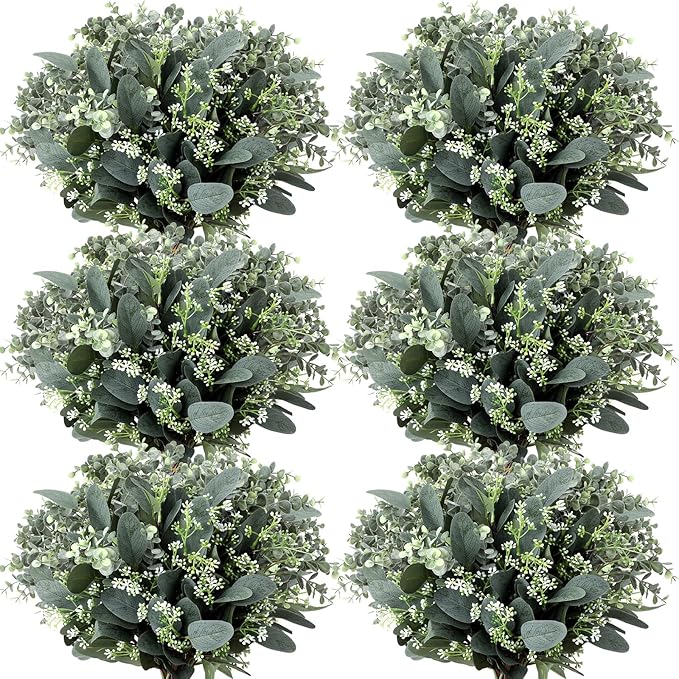 Janinka Mixed Eucalyptus Leaves Stems Bulk with White Seeds Artificial Silver Dollar Leaves Sprays Faux Oval for Wreath Garland Floral Bouquets Arrangement Wedding Greenery Decoration (50)