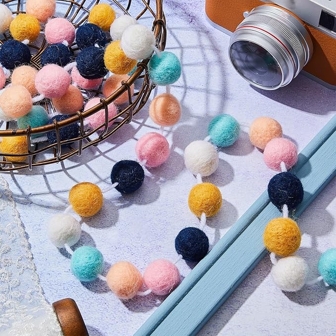 WILLBOND 3 Pieces Wool Felt Rainbow Ball Garland Colorful Pom Pom 6.5 ft Long 24 Ball Garland for Easter Mardi Gras Classroom Halloween Thanksgiving Xmas (Cute Colors)