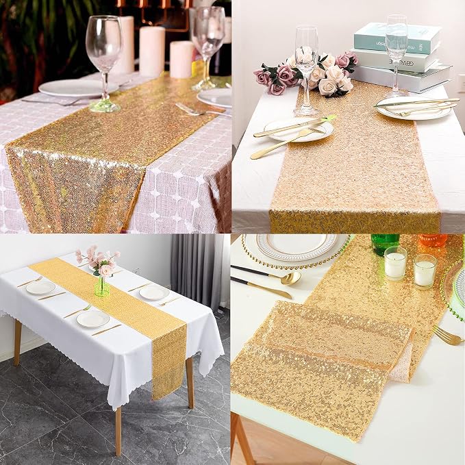 12 Packs 12 X 72 Inch Gold Sequin Table Runner Glitter Dining Table Runner for Birthday Wedding Engagement Bridal Baby Shower Bachelorette Holiday Celebration Party Supplies Decorations (Gold)
