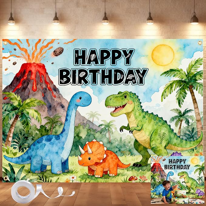 Dinosaur Birthday Backdrop 7x5FT – Happy Birthday Dino Banner with Ribbon & Grommets, Green Jungle Dinosaur Photo Background for Kids Boy Girl Birthday Party Decor