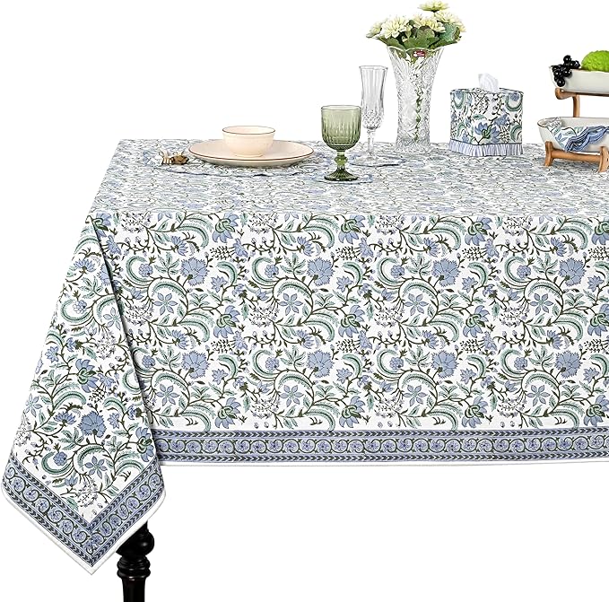 Ridhi Columbia Blue Hand Block Print Cotton Rectangle Tablecloth 120" x 80" inches Reusable Table Cover Decorative Everyday Use for Dining Room, Farmhouse, Home Gift for Spring, Mother's Day