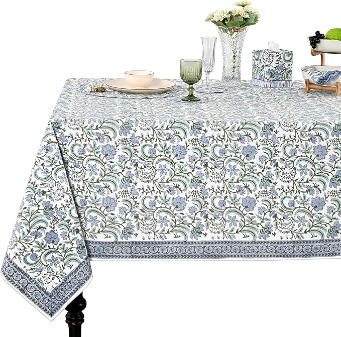 Ridhi Columbia Blue Hand Block Print Cotton Rectangle Tablecloth 90" x 60" inches Reusable Table Cover Decorative Everyday Use for Dining Room, Farmhouse, Home Gift for Spring, Mother's Day
