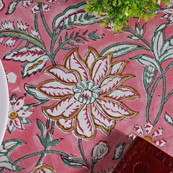 Ridhi Round Tablecloth Hand Block Print 100% Cotton Reusable Candy Pink 132 Inch Table Cover Decorative Everyday Use for Dining, Home, Party, Wedding, Farmhouse, Party Gift for Spring, Mother's Day