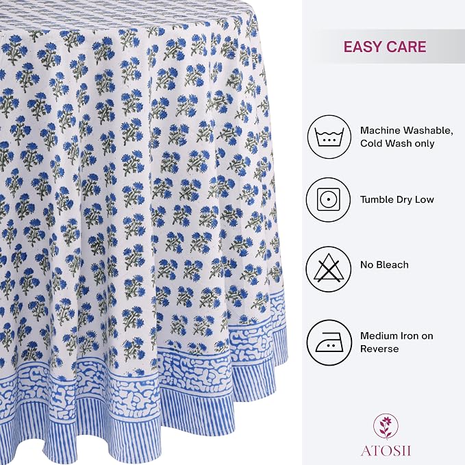 ATOSII Gulbahar Blue 100% Cotton Fall Round Tablecloth, Handblock Print Floral Table Cloth for Kitchen Dining Linen I Thanksgiving, Christmas, Weddings, Outdoors, Parties I 90" Inches Diameter