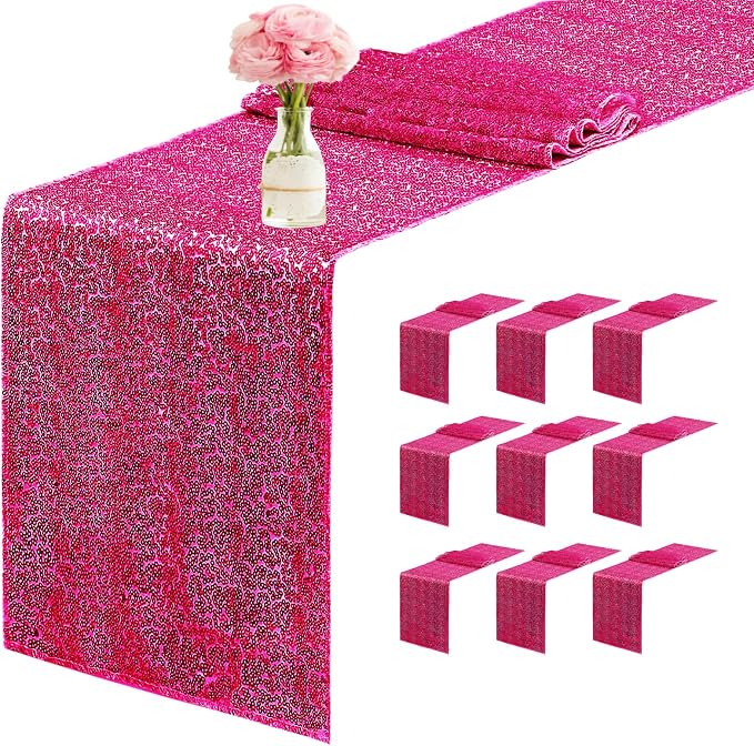 10 Packs 12 x 72 inches Sequin Table Runner, Hot Pink Glitter Table Runner for Birthday Party Supplies Wedding Engagement Baby Shower Holiday Celebration Event Decorations