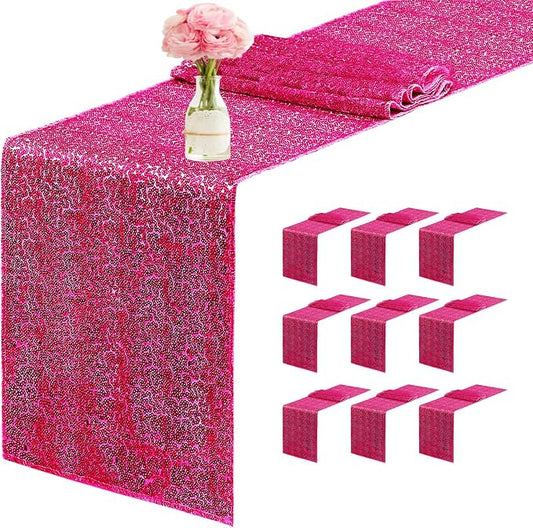 10 Packs 12 x 72 inches Sequin Table Runner, Hot Pink Glitter Table Runner for Birthday Party Supplies Wedding Engagement Baby Shower Holiday Celebration Event Decorations