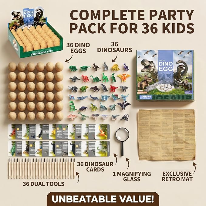 Uregoio 36-Pack Dinosaur Eggs Dig Kit, Surprise Dinosaur Eggs Excavation Kit with Magnifier, Science STEM Toys for Kids, Easter Basket Stuffers Birthday Party Favors & Gifts for Boys Girls Ages 3-12