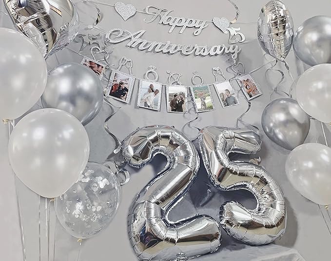 25th Anniversary Decorations Party Supplies Set of Happy Anniversary Photo Banner and Balloons,Hanging Swirls for 25 year Wedding decor(silver)