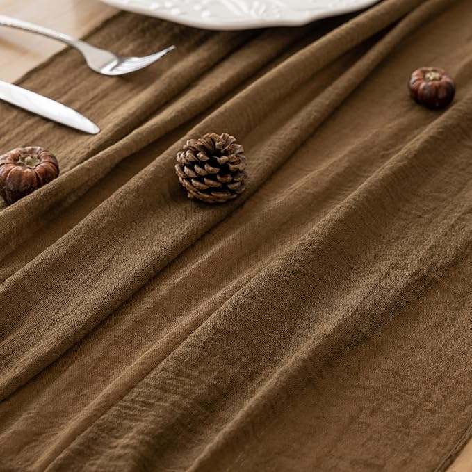 Keketoarrange 6pcs Coffee Gauze Rustic Cheesecloth Table Runner 120 Inch 10 FT for Wedding Baby Shower Bridal Shower Birthday Engagement Garden Outdoor Party Long Sheer Boho Decorations