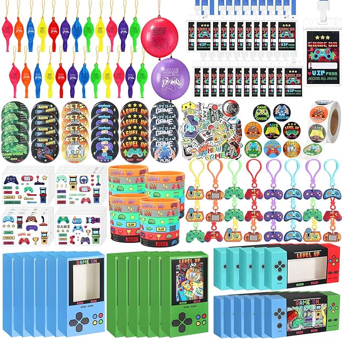 243 Pcs Video Game Party Favors for Kids Gamer Goodie Bag Stuffers Gaming Birthday Party Supplies with Gift Boxes, VIP Pass, Balloons, Bracelets, Keychains, Badges, 3D Stickers (Colorful)