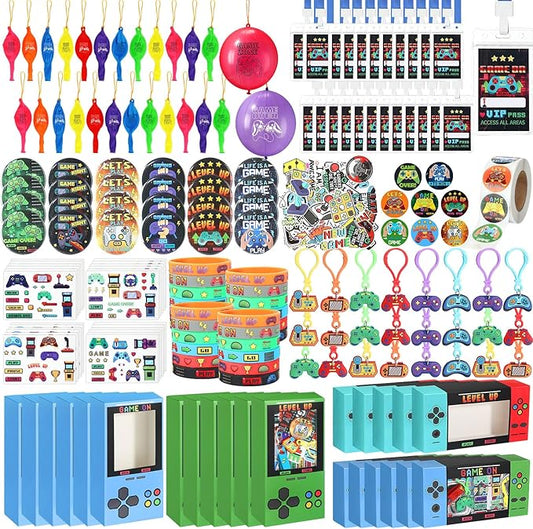 243 Pcs Video Game Party Favors for Kids Gamer Goodie Bag Stuffers Gaming Birthday Party Supplies with Gift Boxes, VIP Pass, Balloons, Bracelets, Keychains, Badges, 3D Stickers (Colorful)