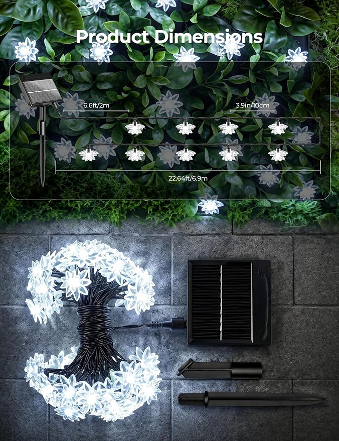 Brightown 50 LED Pure White Solar Flower String Lights Outdoor Waterproof, 23FT Solar Powered Fairy Lights with 8 Modes for Garden Yard Fence Patio Christmas Balcony Holiday Party Decor