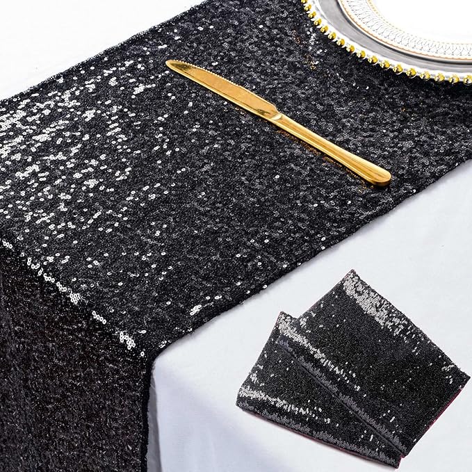 ShinyBeauty Black Sequin Table Runners Pack of 2 - 12x108-Inch Glitter Halloween Party Wedding Table Runner for Reception - 108 Inches Long