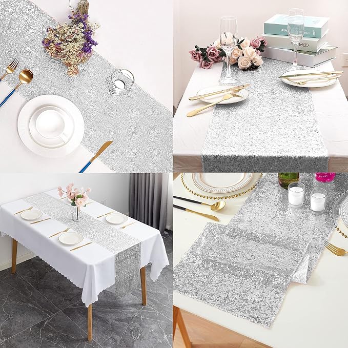 12 Packs 12 X 72 Inch Silver Sequin Table Runner Glitter Dining Table Runner for Birthday Wedding Engagement Bridal Baby Shower Bachelorette Holiday Celebration Party Supplies Decorations (Silver)