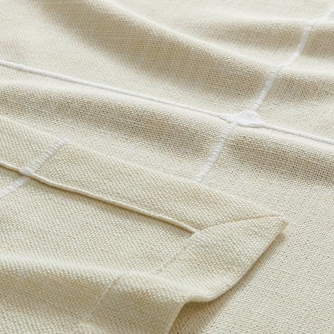 ZeeMart Grid Embroidered Hemmed Tablecloths, Ivory 60x84 Inch, Farmhouse Style Heavy Weight Cotton Linen Ivory Tablecloths, Boho Plaid Water Resistant Rectangle Table Cloth