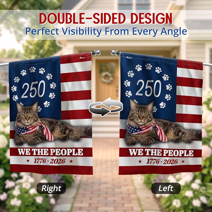 FLAGWIX American 250 Years Anniversary Cat Flag - Polyester Double-sided House Flags For Outside (29.5" x 39.5") - 4th of July Decorations for Home Yard Garden Decor Banner, Gifts For Men Women