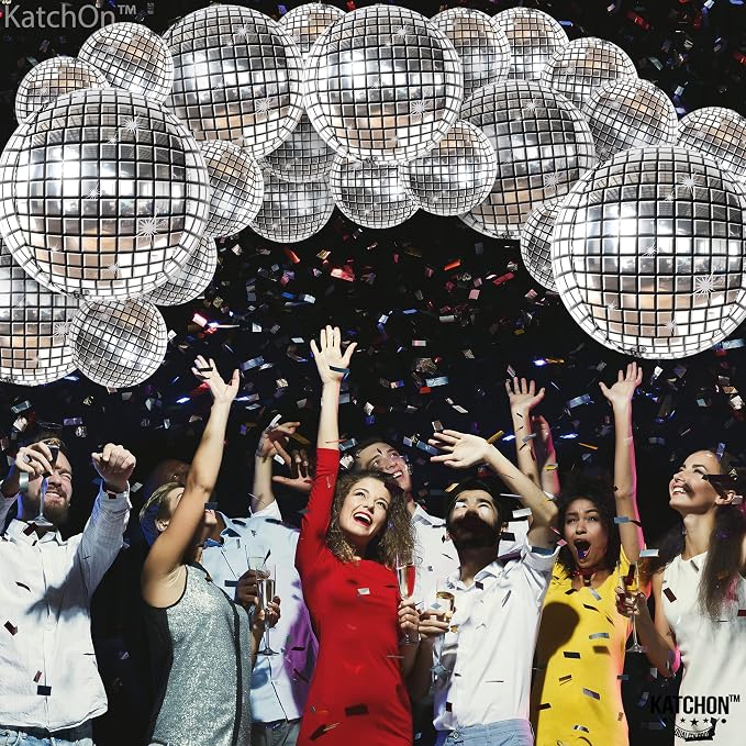 KatchOn, Silver Disco Ball Balloons - 32 Inch, Pack of 20 | Shiny Disco Ball for Disco Party Decorations | 4D Disco Balloons for Disco Bachelorette Party Decorations | Mamma Mia Party Decorations