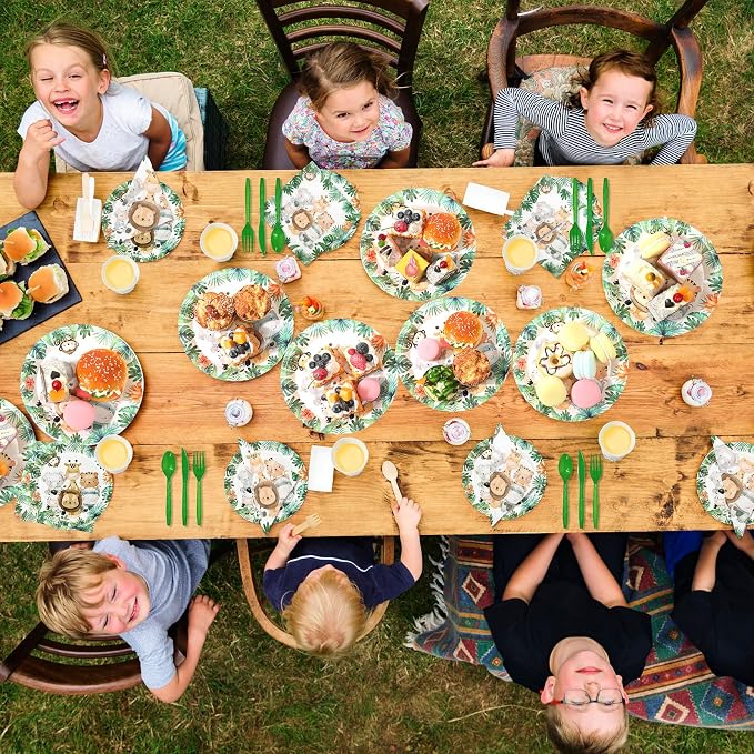 Ziliny 280 Pcs Jungle Safari Animal Paper Plates and Napkins Paper Cups Plastic Knives Forks Spoons Disposable Tableware Set for Baby Shower Safari Theme Birthday Party Supplies, Serve 40