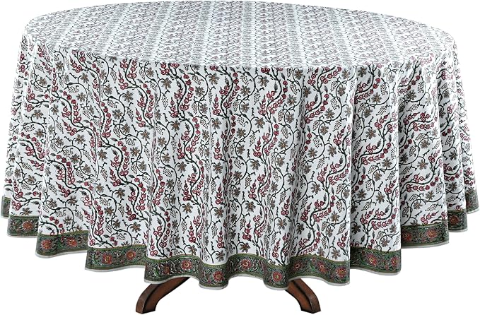 Ridhi Round Tablecloth Hand Block Print 100% Cotton Reusable Coral Pink Trails 60 Inch Table Cover Decorative Everyday Use for Dining, Home, Party, Wedding, Farmhouse Gift for Spring, Mother's Day