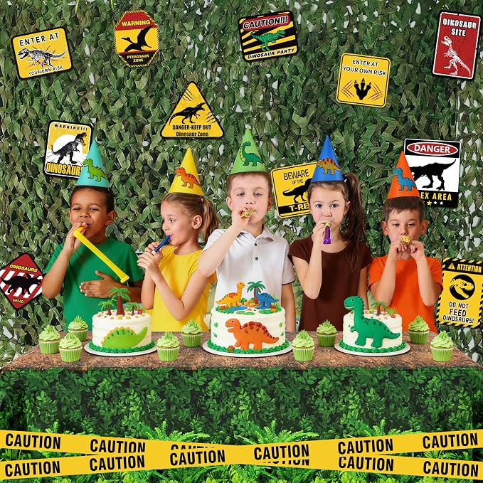 BORAMDO Jurassic Park Birthday Decorations, Dinosaur Centerpieces Party Supplies, Themed Boxes, Camo Netting, Paper Signs, Artificial Leaves, Yellow Caution Tapes