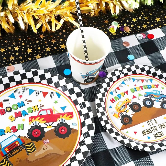 Recheel Monster Truck Party Supplies Decorations, Kids Birthday Paper Plates and Napkins Set with Cups and Straws for 24 Guests, 120 Pcs Disposable Party Dessert Dinnerwares