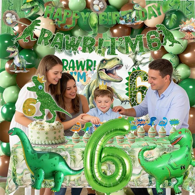 Dinosaur Boys 6th Birthday Dino Jurassic Six-a-sauras 6th Birthday Becorations For Boys Dinosaur 6th Birthday Party Supplies Include Banner, Backdrop, Tablecloth, Cake Toppers, Balloons