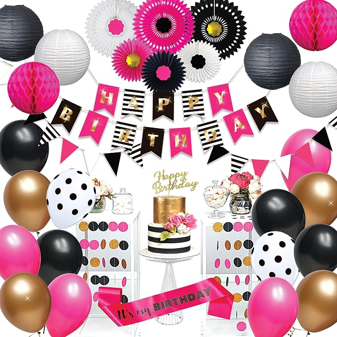 RainMeadow Pink Birthday Decorations for Women, Hot Pink and Black Party Decorations Kit, Happy Birthday Banner, Balloons, Paper Fans, Cake Topper, Sash, Pre-Strung for Girls & 40th 50th Milestones