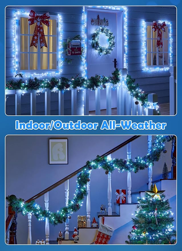 Fairy Lights Plug in, 10ft 200LED Cluster String Lights - Twinkle Copper Wire Christmas Tree Lights Waterproof for Bedroom Decor, Indoor/Outdoor Party, Patio, Garden，Blue White，2pack