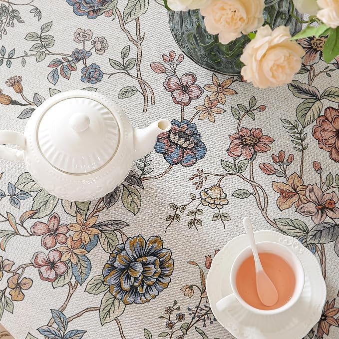 ISAENNE Designer French Linen Round Tablecloth,Diameter 67"-Cornucopia | Vintage Elegant Floral and Bird Pattern Beautiful Durable Table Cloth for Dining Room Tea Party Kitchen Thanksgiving,Decor