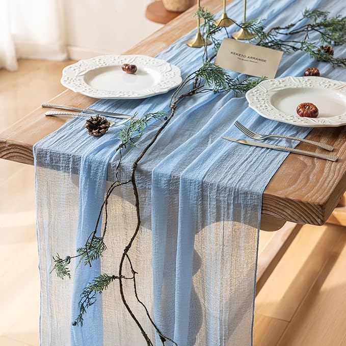 Keketoarrange 3pcs Light Blue Gauze Rustic Cheesecloth Table Runner 120 Inch 10 FT for Wedding Baby Shower Bridal Shower Birthday Engagement Garden Outdoor Party Long Sheer Boho Decorations