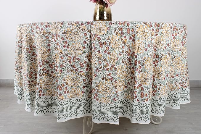 Ridhi Round Tablecloth Hand Block Print 100% Cotton ReusableCanary Yellow 132 Inch Table Cover Decorative Everyday Use for Dining, Home, Party, Wedding, Farmhouse, Party Gift for Spring, Mother's Day