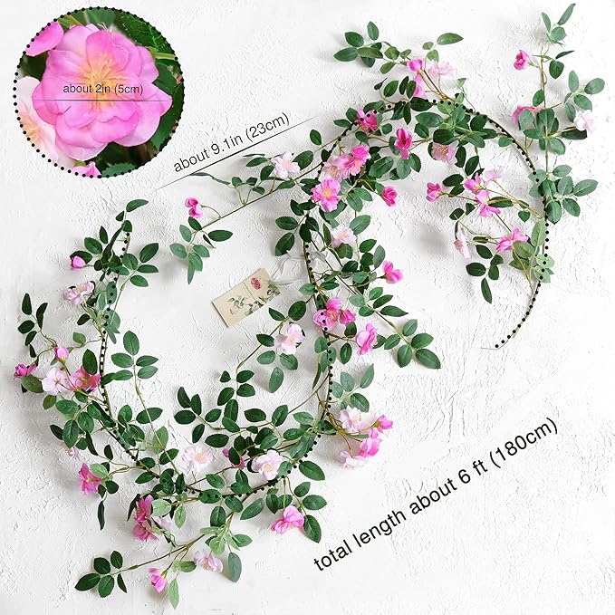 FiveSeasonStuff Fuchsia Pink Wild Rose Vine Garland, Two Faux Silk Floral Garlands with Greenery, Bendable Decorative Vines 12 ft Total