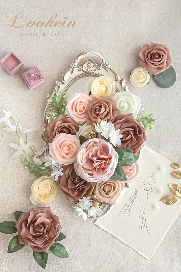 Lookein Artificial Flowers for DIY Wedding Decoration Bridal Bouquet Table Centerpieces Flower Wreaths Aisle Decoration Home Decor, Elegant Dusty Rose