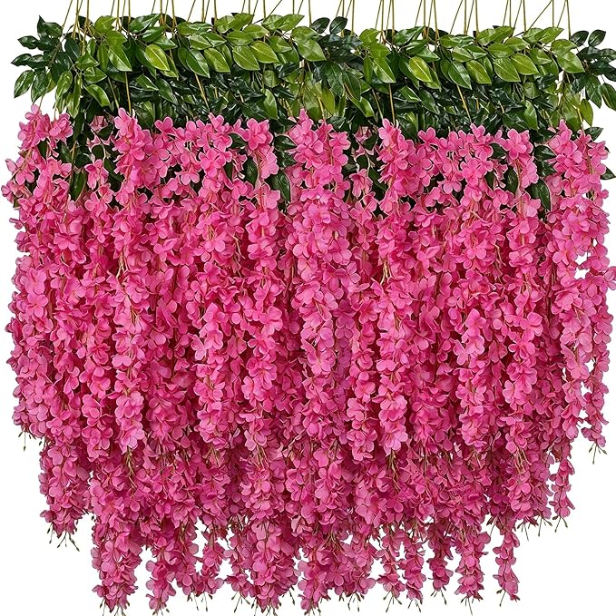 Artificial Wisteria Hanging Flowers Fake Wisteria Flower Garland Silk Vines Rattan Decor for Home Wedding Arch Wall Garden Greenery Bedroom Outdoor Office Party Decoration (12, Pink)