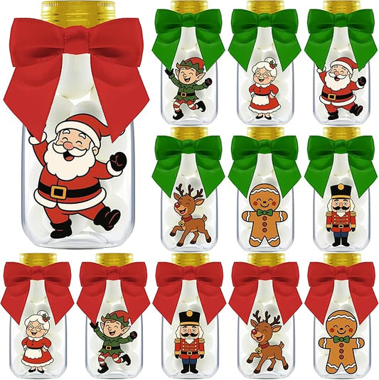 Ethisa 12 Pack Christmas Candy Jars with Ribbons and Stickers – Santa and Friends Party Favor Bottles for Kids – DIY Holiday Party Decorations, Classroom Gifts, and Stocking Stuffers