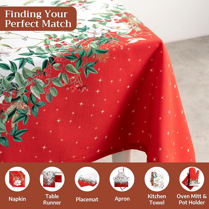 Maison d' Hermine Table Cloth Rectangle Table 100% Cotton 60 x 108 Inches Fall Tablecloth Reusable Everyday Use for Thanksgiving Christmas Decorations Dining Farmhouse Party (Noel)