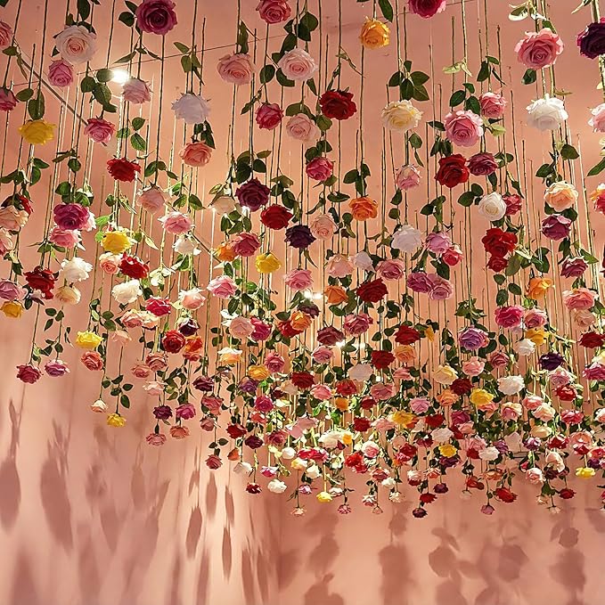 Lyrow 60 Pack Artificial Flower Hanging Flowers Ornament Colorful Floating Garland Ceiling Vine for Boho Wedding Hippie Tropical Fiesta Rainbow Birthday Party Floral Baby Shower Photo Booth Wall Decor