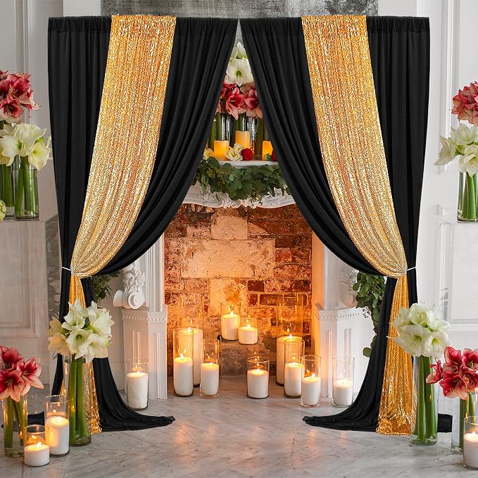 50ft x 10ft Wrinkle Free Black Backdrop Curtain for Parties, 10 Panels Silky Polyester Black Weddings Drapes for Backdrop 10 ft Photo Back Drop Cloth for Birthday Graduation Photography Background