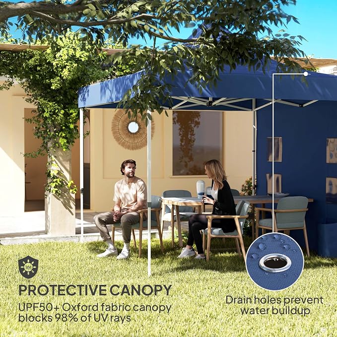 Outsunny 10' x 10' Heavy Duty Pop Up Canopy Tent with Sidewall and Trash Bags, UPF50+ Instant Sun Shelter, Height Adjustable, with Wheeled Bag, Sand Bags for Outdoor, Patio, Dark Blue
