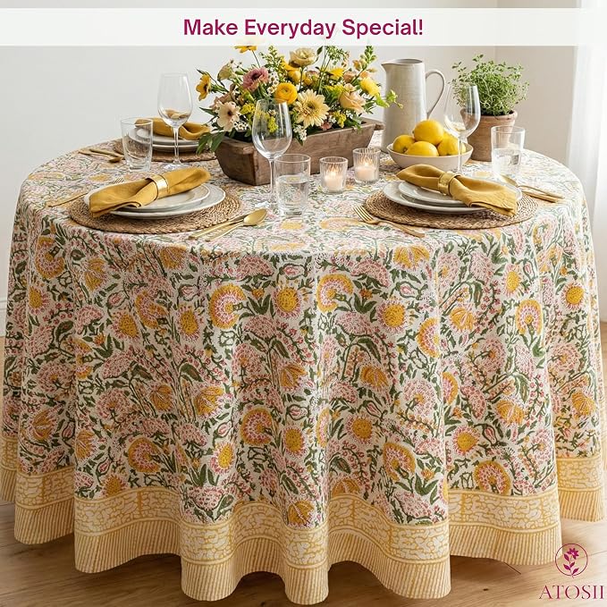 ATOSII Clover Yellow 100% Cotton Round Tablecloth, Handblock Print Floral Table Cloth for Kitchen Dining Linen I Parties, Weddings, Outdoors, Christmas, Thanksgiving I Fall Home Decor 72" Inches Round