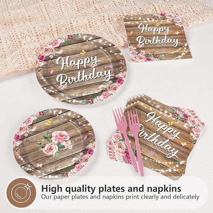 96Pcs Wooden Birthday Party Supplies Wooden Butterfly Happy Birthday Plates and Napkins Wood Grain Pink Rustic Tableware Set for Girls Floral Baby Shower Party Decorations Serves 24