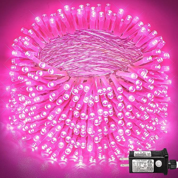 800 LED Pink Christmas Lights Outdoor, 262 FT String Lights Indoor with 8 Modes Clear Wire Waterproof, Plug in Fairy Lights for Bedroom Valentines Day Wedding Holiday Party Tree Decorations