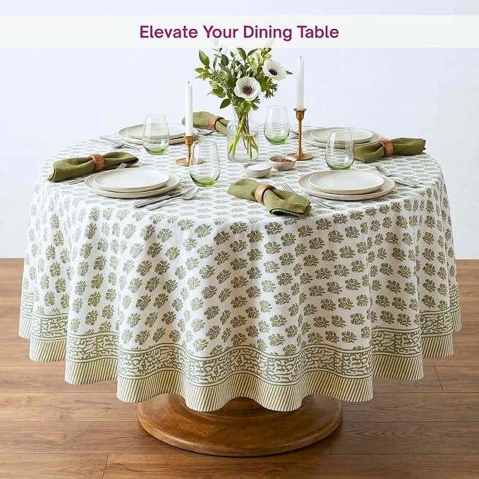 ATOSII Ivy Green 100% Cotton Round Boho Fall Tablecloth, Handblock Floral Table Cloth Linen for Kitchen Dining I Parties Weddings Outdoors Picnics Easter Mothers Day I 72" Inches Round I 4 Seater