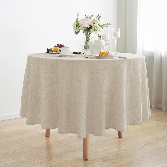 Linen World Round Linen Blend Tablecloth 90 Inch | Linen Look, Soft Cool & Breathable, Machine Washable, Natural, Dining Kitchen Outdoor Decorative