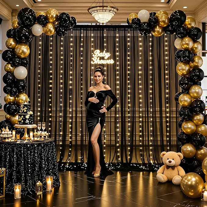 10×15ft Black Sheer Backdrop Curtains with Lights String for Parties Birthday Black Tulle Backdrop Curtain for Baby Shower Wedding Graduation Halloween Party Photo Shoot Decorations 2 Panels 5×15ft