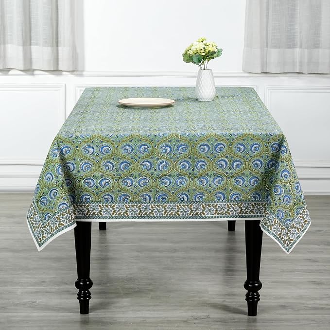 Ridhi Verdant Mist Hand Block Print Cotton Rectangle Tablecloth 108" x 60" inches Reusable Table Cover Decorative Everyday Use for Dining Room, Farmhouse, Home Gift for Spring, Mother's Day