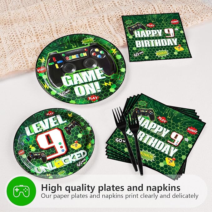 Grencian 96 Pcs 9th Video Game Birthday Party Decorations Green Video Game Level 9 Birthday Plates and Napkins Tableware Sets for Kids Boys 9 Years Old Gamer Gaming Party Supplies Favors Serves 24