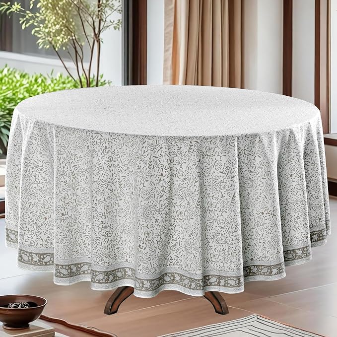 Ridhi Round Tablecloth Hand Block Print 100% Cotton Reusable Taupe Jal 60 Inch Table Cover Decorative Everyday Use for Dining, Home, Party, Wedding, Farmhouse, Party Gift for Spring, Mother's Day
