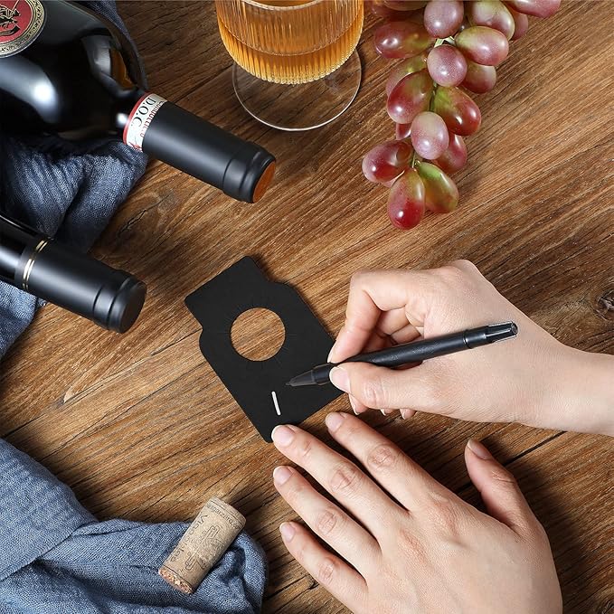 200 Pieces Wine Bottle Tags Paper Cellar Label Reusable Racks Marker Wine Bottle Neck Id Tags Double Sided Bottles Hanging Tag for Seller Bridal Shower Party (Black)