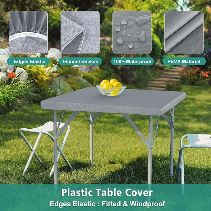 LUSHVIDA 2 Packs Vinyl Card Tablecloth with Flannel Backing 34x34 inch - Waterproof Plastic Picnic Table Cover for Square Folding Table Cloth with Elastic Corners, Light Gray